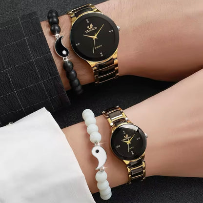 Dames & Heren Quartz Horloges met Gratis Yin Yang Kralenarmbanden