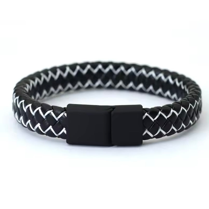 Hiphop Heren Lederen Armband – Zwart, Afneembaar Design & Magnetische Sluiting