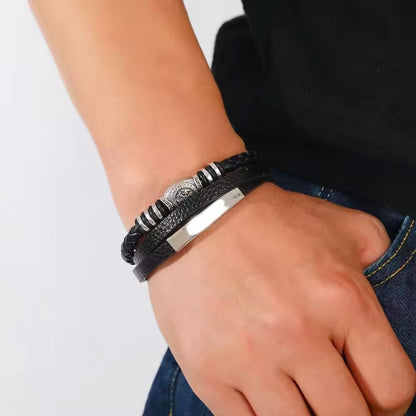 Trendy Lederen Armbanden Voor Mannen – RVS Armband 21CM | Meerlagig Gevlochten