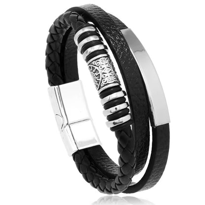 Trendy Lederen Armbanden Voor Mannen – RVS Armband 21CM | Meerlagig Gevlochten