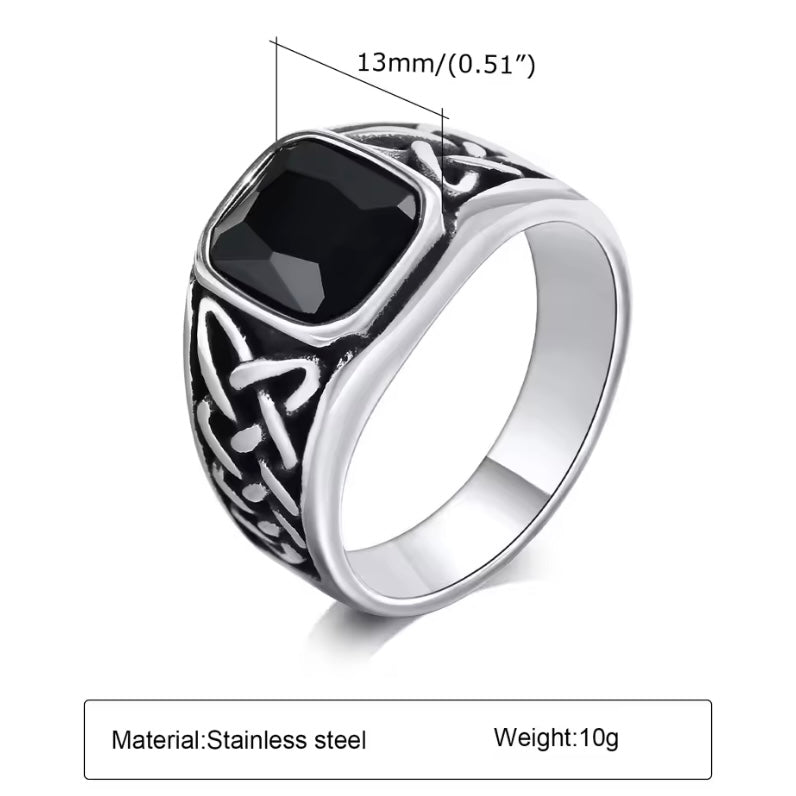 Retro Viking Ring voor Mannen, Punk Etnische Signet Ring met Zwarte Geometrische Steen - Vintage Rune Knoop Sieraad