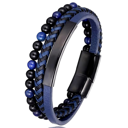 Eternal Bliss Armband Echt Blauw Lederen Gevlochten Armband Rvs Magnetische Sluiting Tijgeroog Kraal